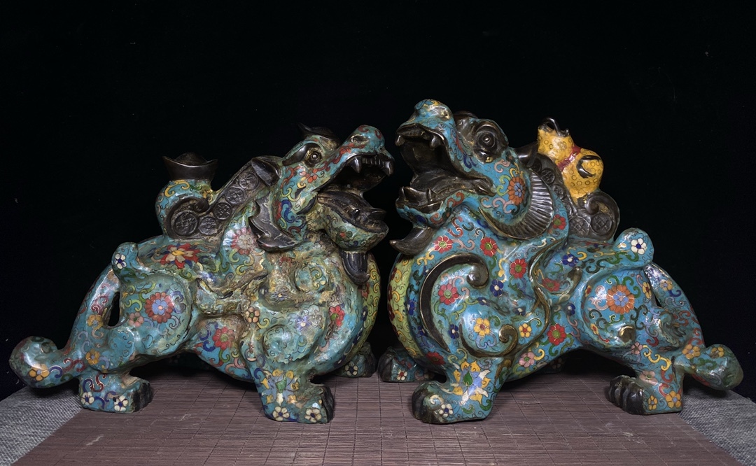 yw9|3643 中国骨董品 人間国宝 銅制 極細工【景泰藍純銅福禄如意のダックのネコのネコ】 時代物 珍品旧蔵 伝世家珍 置物拍卖