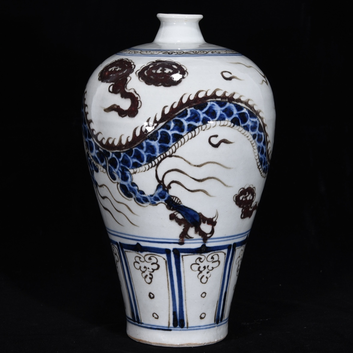 zz9|9852 中国磁器 陶芸 磁器『元青花釉裏紅龍紋梅瓶』施釉陶 古代工芸品 陶芸 精美彫 置物 收藏品拍卖
