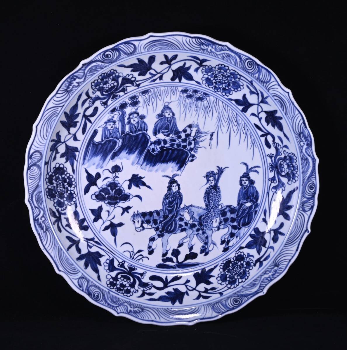 zz9|9222 中国磁器 陶芸 磁器『元大元国至正十一年制青花昭君出塞人物故事紋盤』施釉陶 古代工芸品 陶芸 精美彫 置物 收藏品拍卖