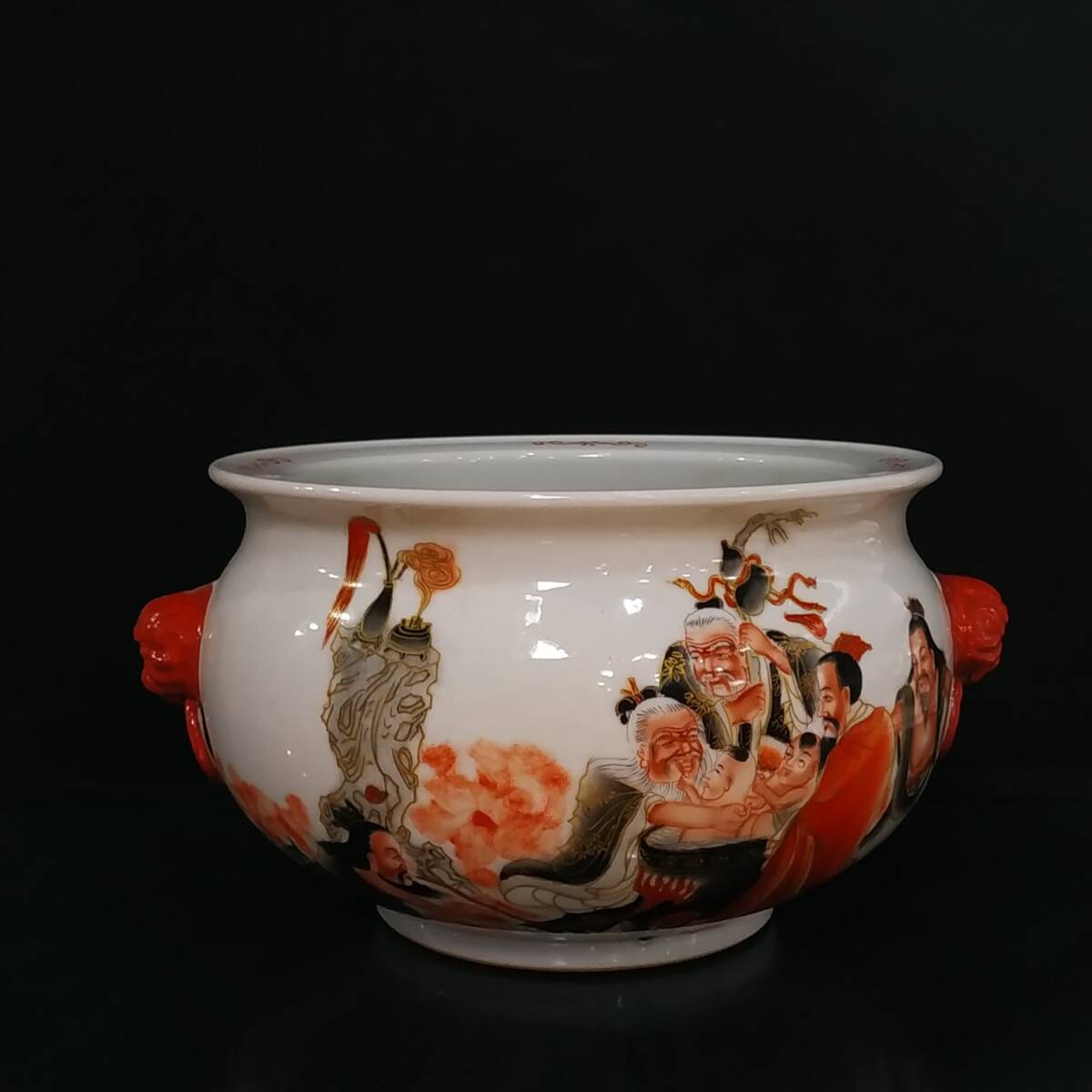 zz8|8185 中国磁器 陶芸 磁器『大清咸豊凡紅手画福禄寿喜蒔絵獅頭缶』施釉陶 古代工芸品 陶芸 精美彫 置物 收藏品拍卖