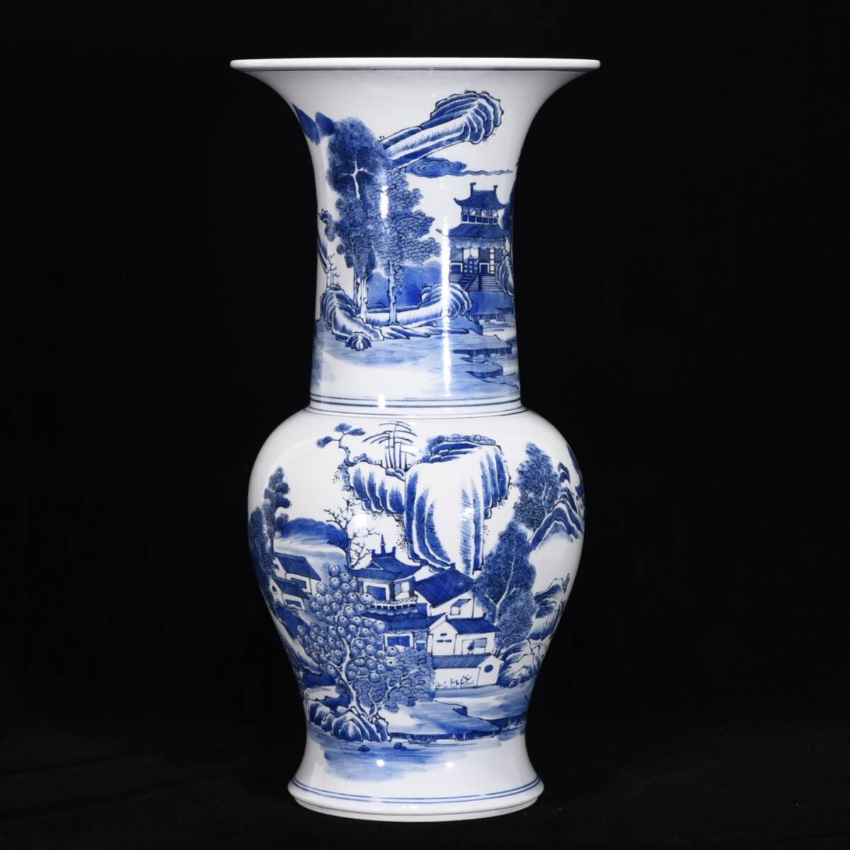 zz9|9853 中国磁器 陶芸 磁器『清康熙鯖山水人物花觚です』施釉陶 古代工芸品 陶芸 精美彫 置物 收藏品拍卖