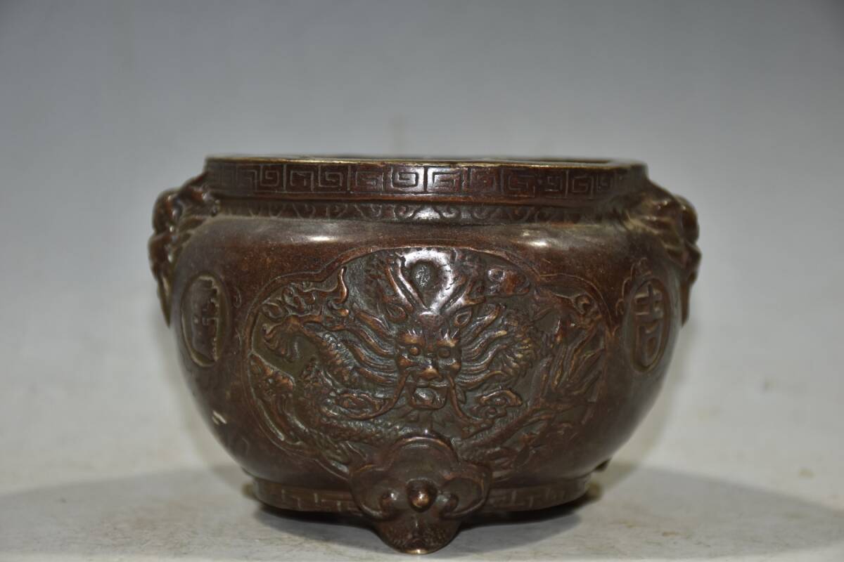 zz8|8186 中国骨董品 人間国宝 銅制 極細工【純銅双獅子頭盤竜香炉です】 時代物 珍品旧蔵 伝世家珍 置物拍卖
