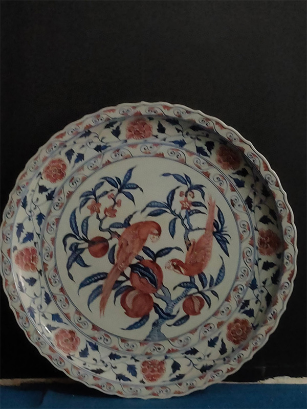 zz9|9475 中国磁器 陶芸 磁器『大明宣徳制青花釉里紅大盤』施釉陶 古代工芸品 陶芸 精美彫 置物 收藏品拍卖