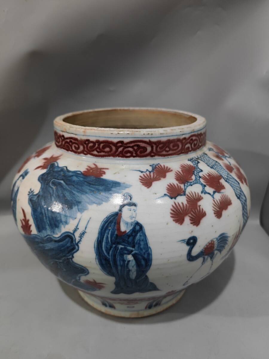 zz9|8544 中国磁器 陶芸 磁器『元青花釉里紅人物故事図紋円壇』施釉陶 古代工芸品 陶芸 精美彫 置物 收藏品拍卖
