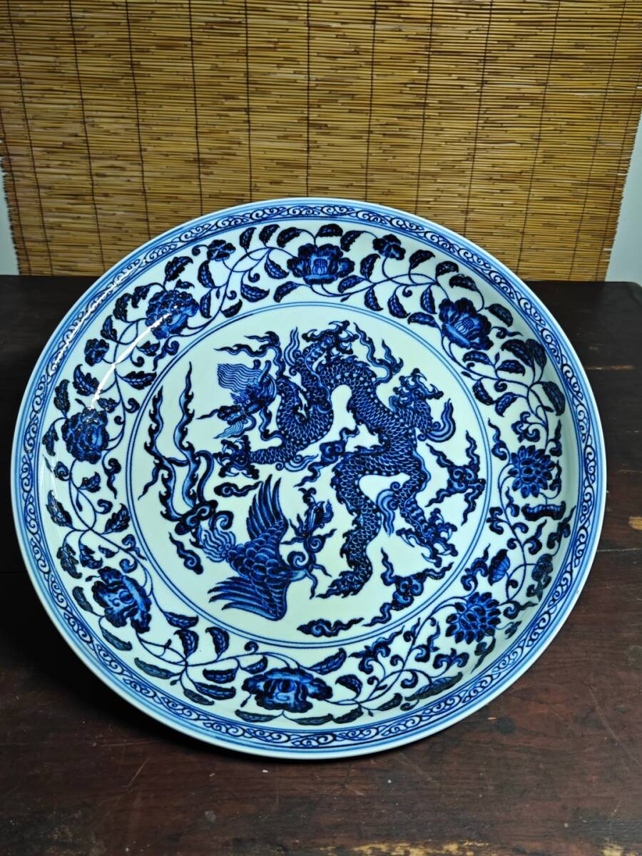 zz9|9476 中国磁器 陶芸 磁器『大明宣徳年制青花龍鳳盤』施釉陶 古代工芸品 陶芸 精美彫 置物 收藏品拍卖