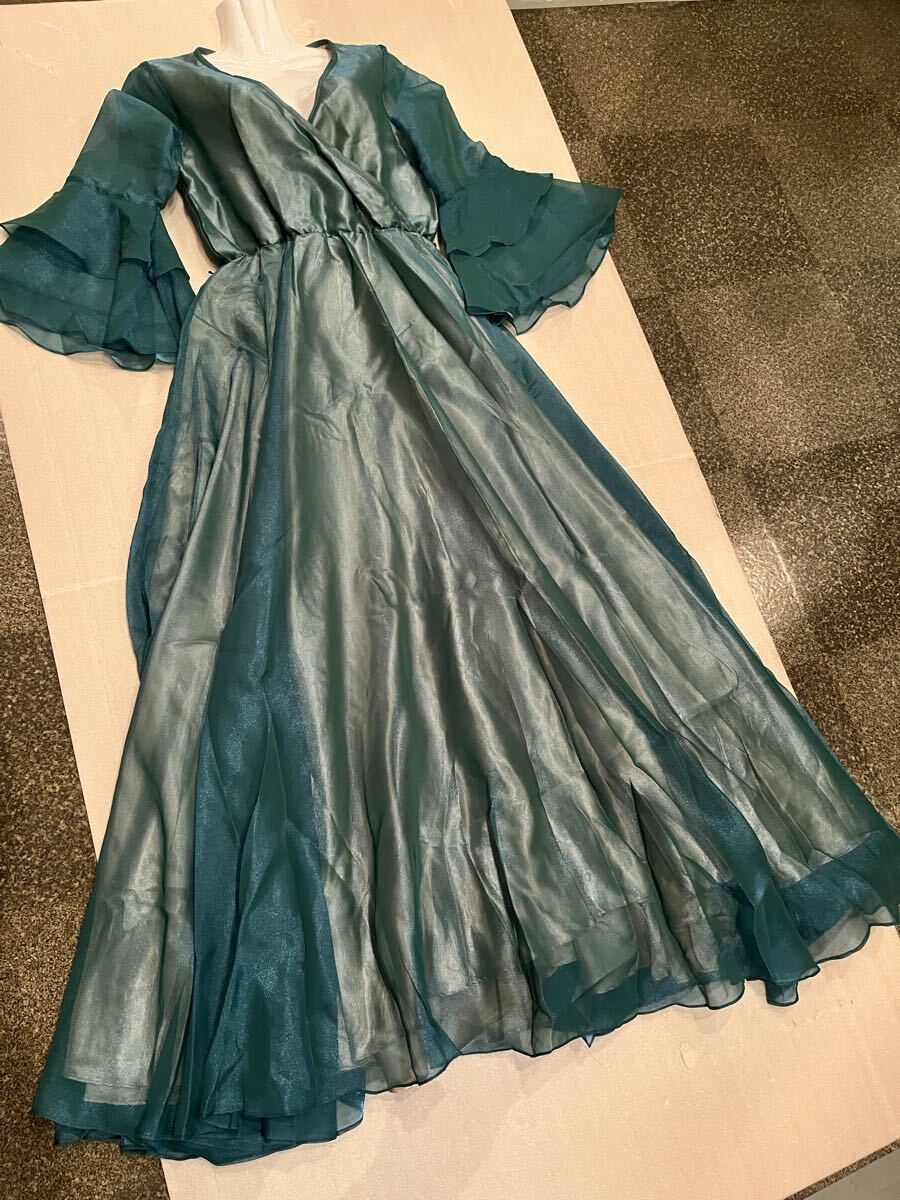 秋冬/美品/上質◆大きいサイズ/発表会/司会/パーティ/舞台/撮影/カラー◆ブルーグリーン/オーガンジー/ロングドレス/袖付き拍卖