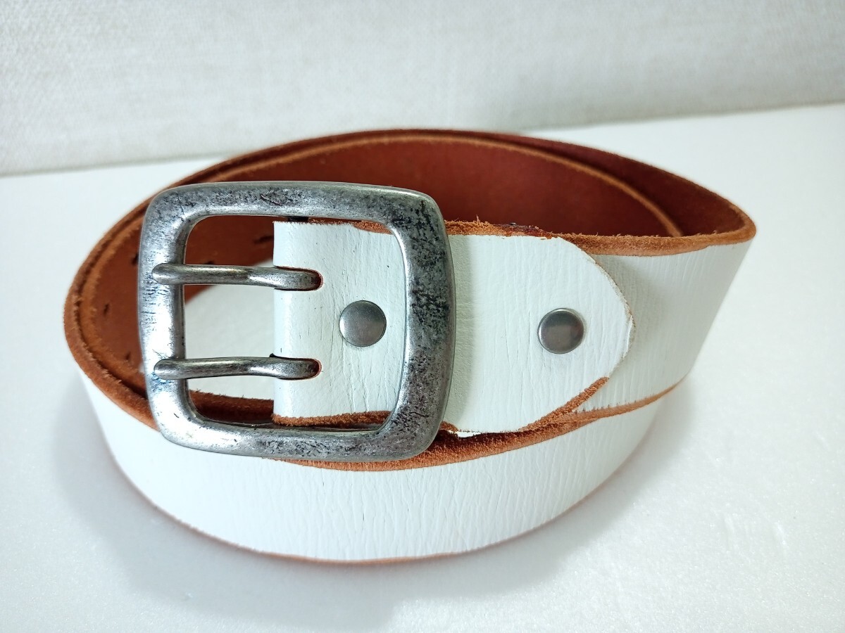 Wrangler 一枚革ベルト ダメージ加工 ダブルピン ウエスト85cm~95cm 40mm幅 白色拍卖