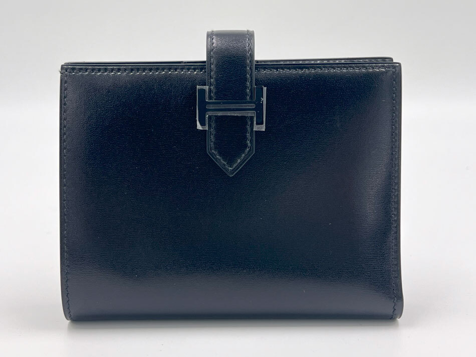 HERMES エルメス ベアン コンパクト 2つ折り 財布 モノクローム ボックスカーフ ブラック金具 W刻印 2015年4月購入品 未使用品拍卖