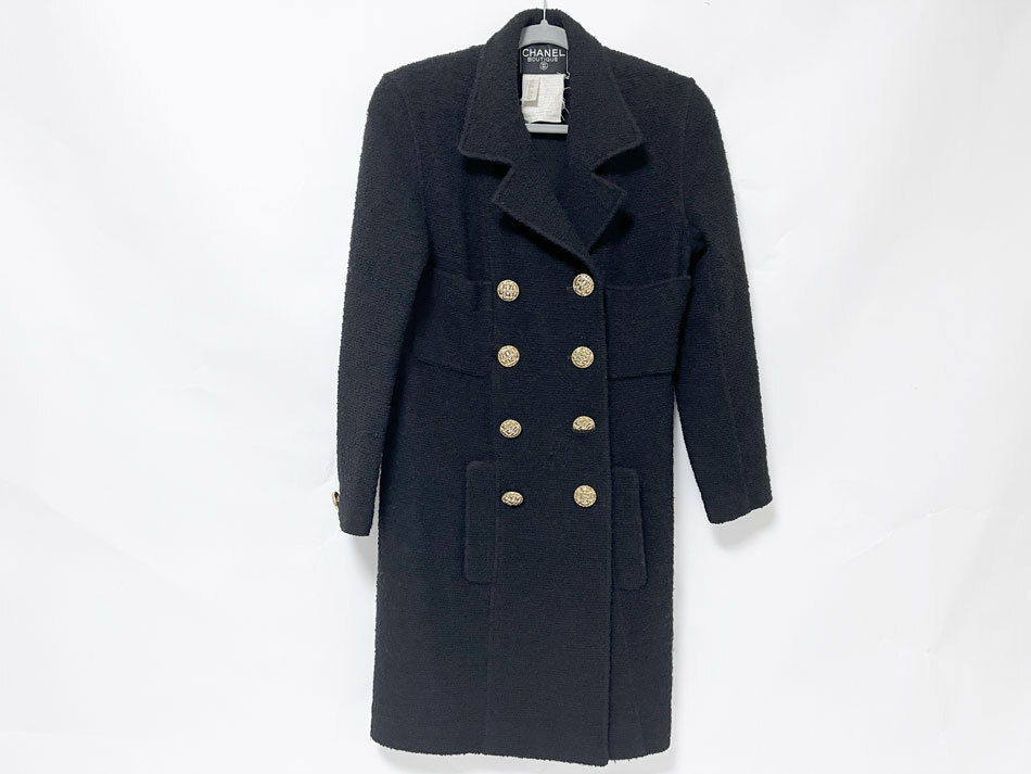 CHANEL シャネル レディース ヴィンテージ コート ウール ブラック マトラッセ ゴールド ボタン サイズ:38拍卖