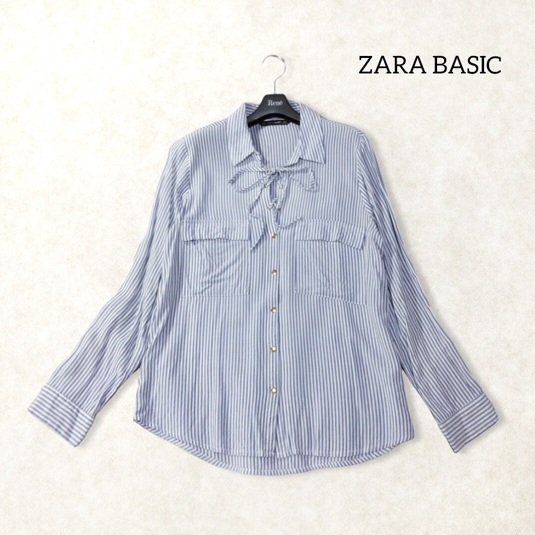 39 【ZARA BASIC】 ザラ レースアップ 長袖 ブラウス シャツ М ネイビー ホワイト ストライプ 薄手 編み上げ レーヨン レディース拍卖