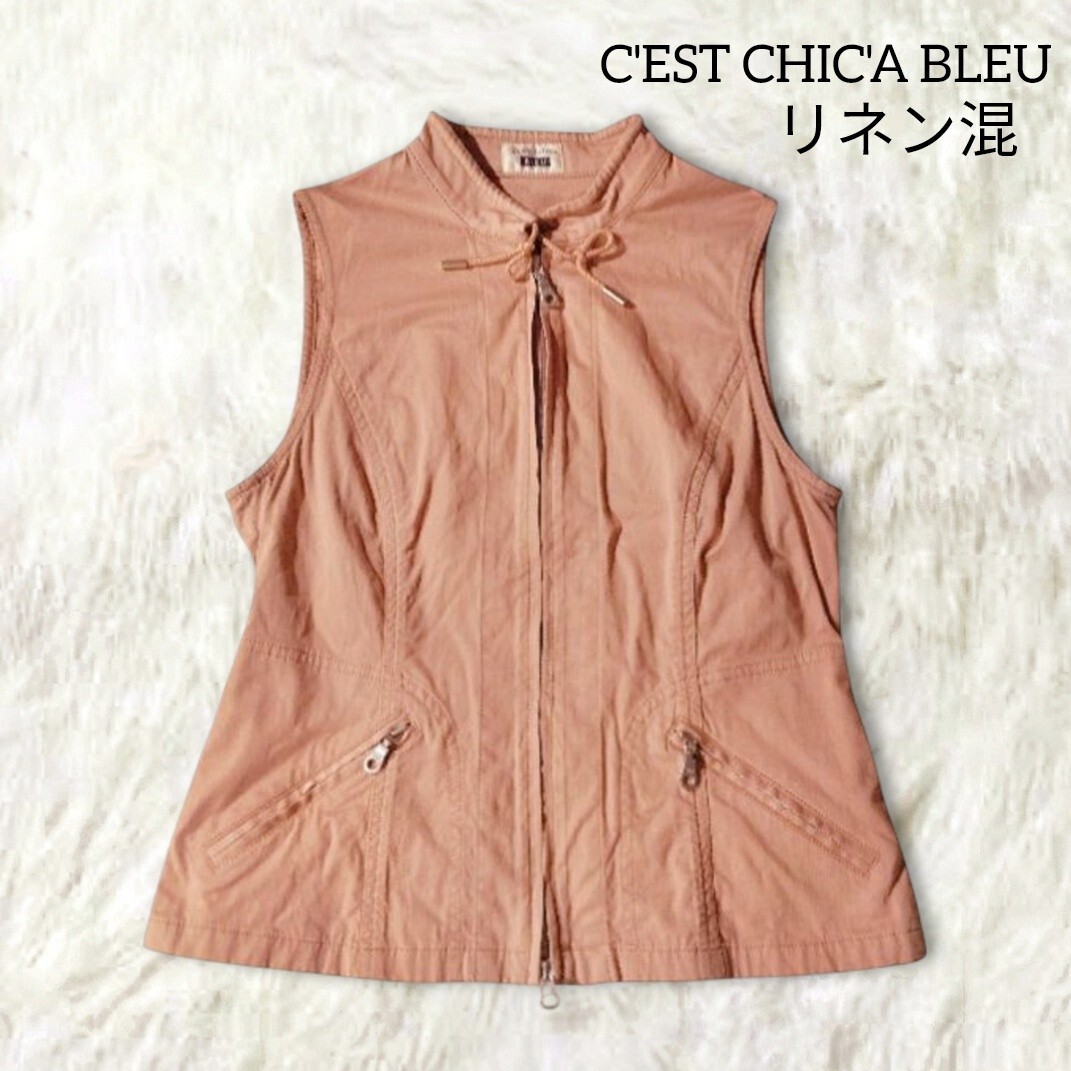 78 【CEST CHICA BLEU】 セシカ 麻混 リネン混 ベスト トップス 38 くすみピンク ストレッチ ジップアップ ダブルジップ ミセス レディース拍卖