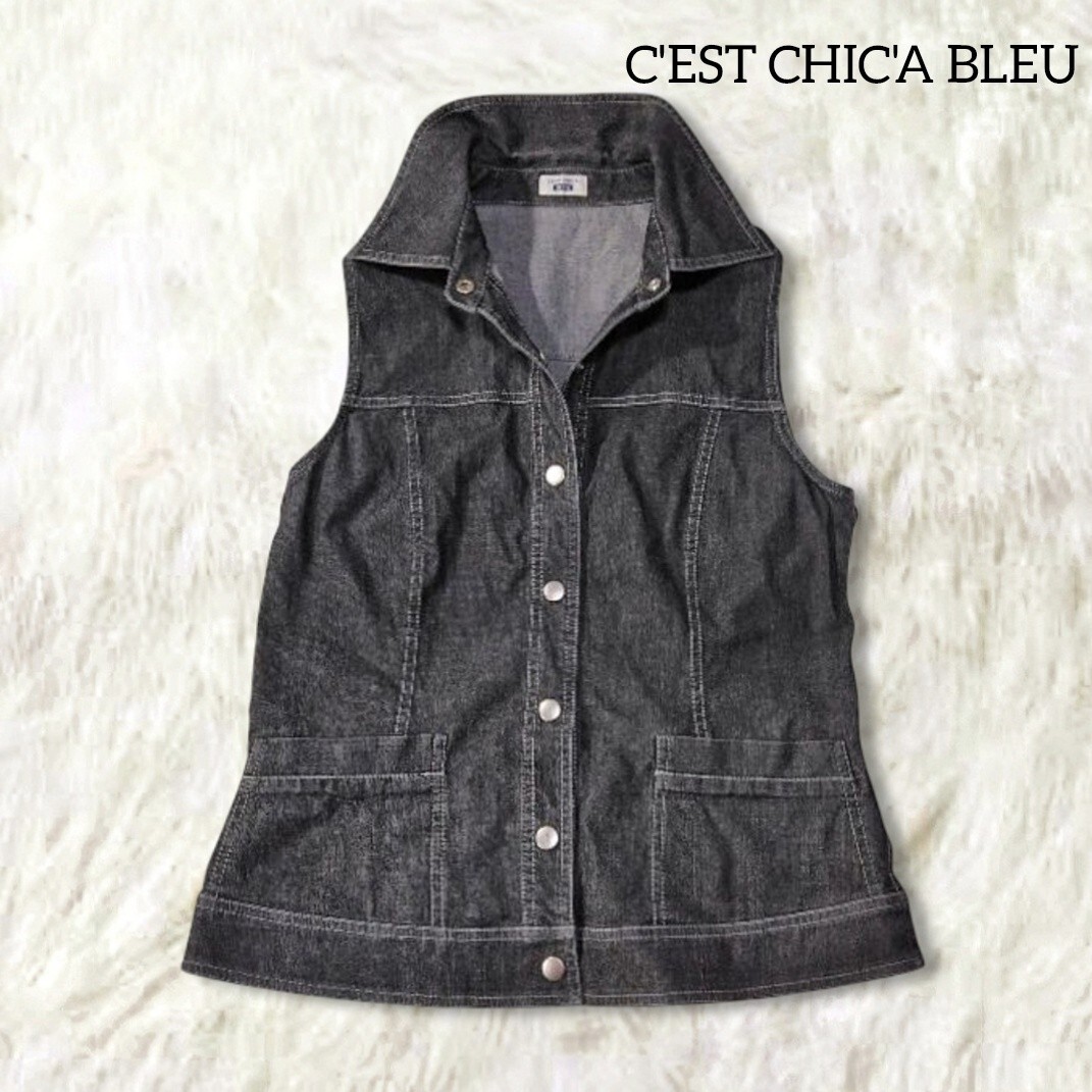 78 【CEST CHICA BLEU】 セシカ デニム ベスト ジレ トップス 38 M グレー 薄手 ストレッチ 伸縮性あり 前ボタン ミセス レディース拍卖
