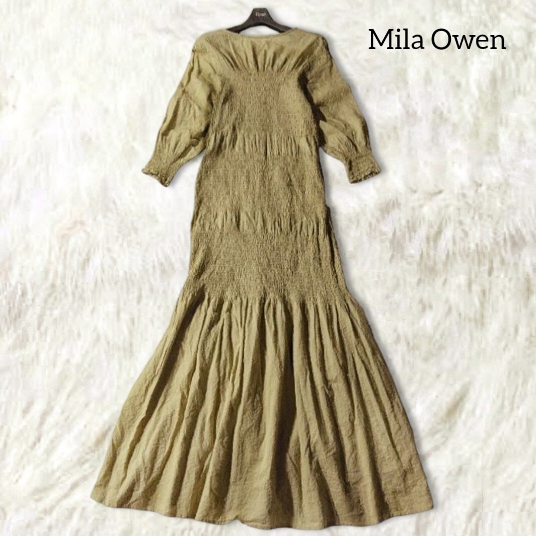 78 【Mila Owen】 ミラオーウェン ロングワンピース 0 S カーキグリーン 薄手 シャーリング タイト フレア ギャザー レディース拍卖