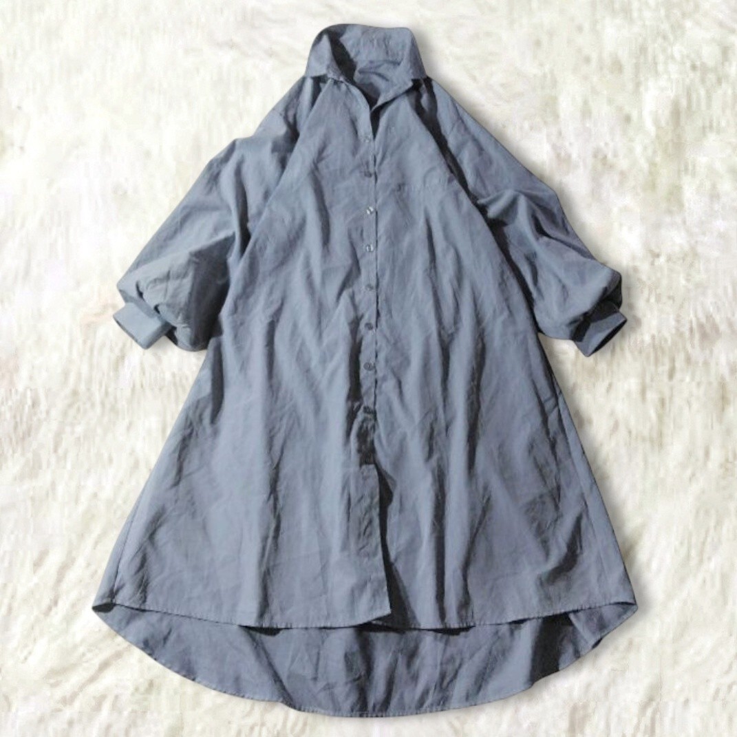 78 ゆったり シャツワンピース ロングワンピース くすみブルー オーバーサイズ 長袖 ボリュームスリーブ ギャザー シンプル 無地 ミンクス拍卖