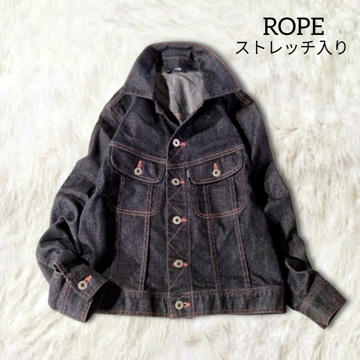 77 【ROPE】 ロペ ストレッチ Gジャン ジージャン デニムジャケット アウター 7号 S インディゴ 濃紺 ピンク ステッチ 日本製 ロゴ 秋冬 拍卖