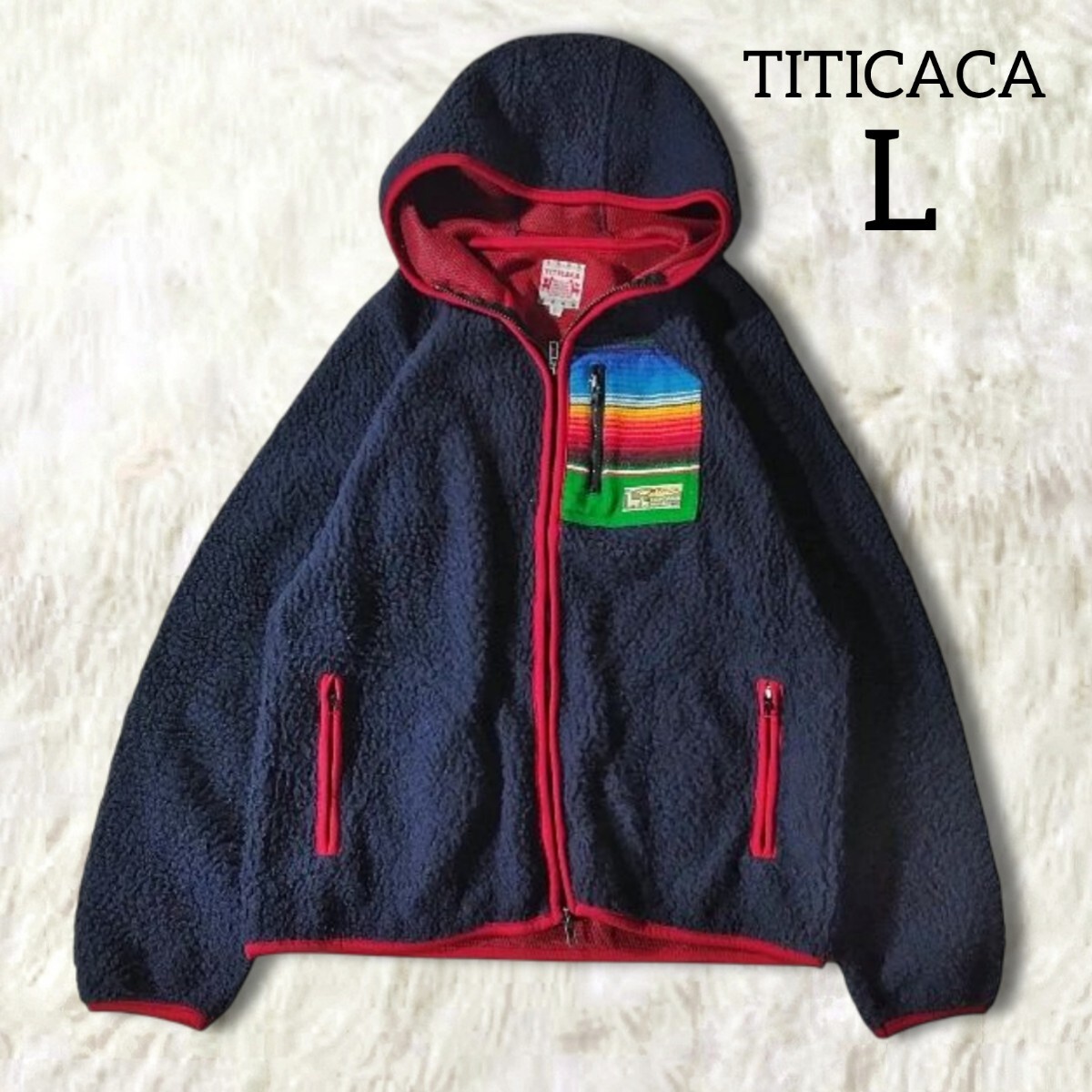77 【TITICACA】 チチカカ ボア ブルゾン パーカー アウター L ネイビー 紺色 ジップアップ フード 秋冬 ゆったり レディース メンズ拍卖