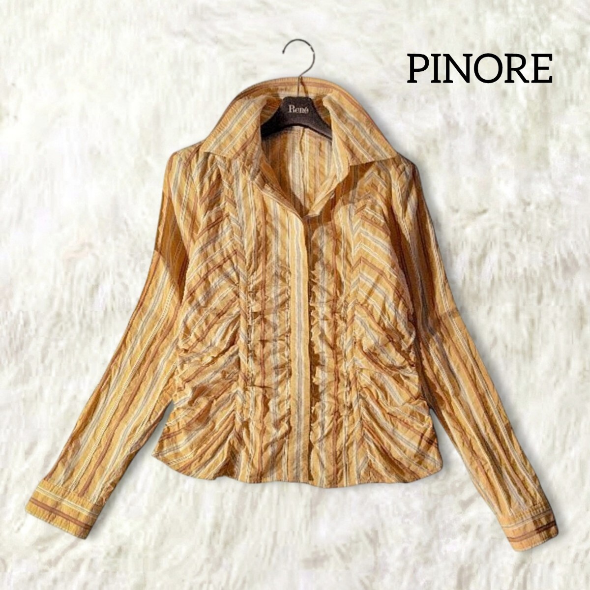 77 【PINORE】 ピノーレ シャーリング 長袖 シャツ ブラウス トップス くすみオレンジ ブラウン ストライプ 総柄 レトロ ミセス レディース拍卖