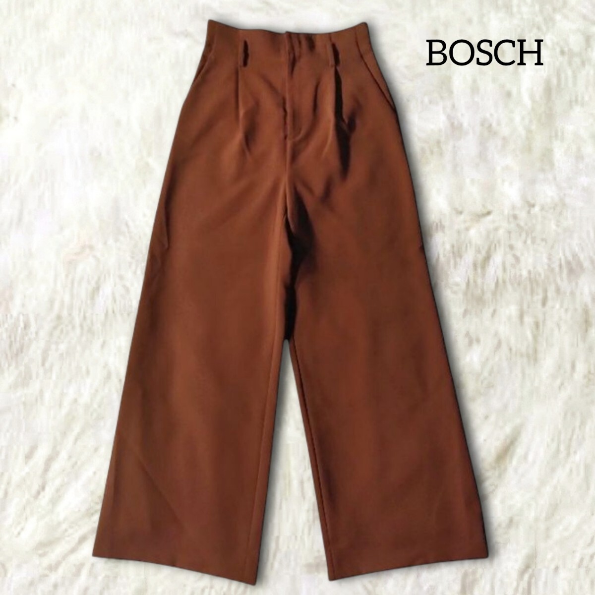 74 【BOSCH】 ボッシュ ワイドパンツ ボトムス スラックス 38 M 茶色 ブラウン 無地 シンプル きれいめ ウエストタック 秋冬 レディース拍卖