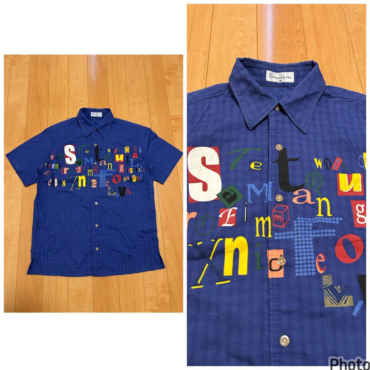 良品☆santa fe/サンタフェ メンズサイズ48 全面織り柄入生地・半袖デザインBOX型シャツ 正面切抜きロゴアート柄 紺ネイビー イグルス社拍卖