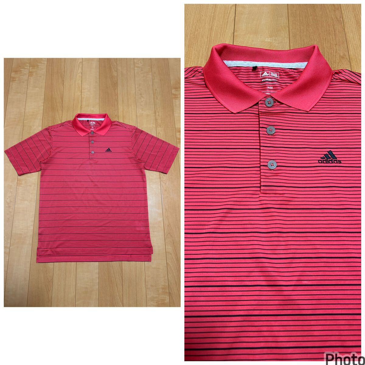 着用少な目.美品☆テーラーメイド社製/アディダス.ゴルフ サイズM大き目 ストレッチ性.速乾ドライ半袖ポロシャツ 細ボーダー総柄&ロゴ刺繍拍卖