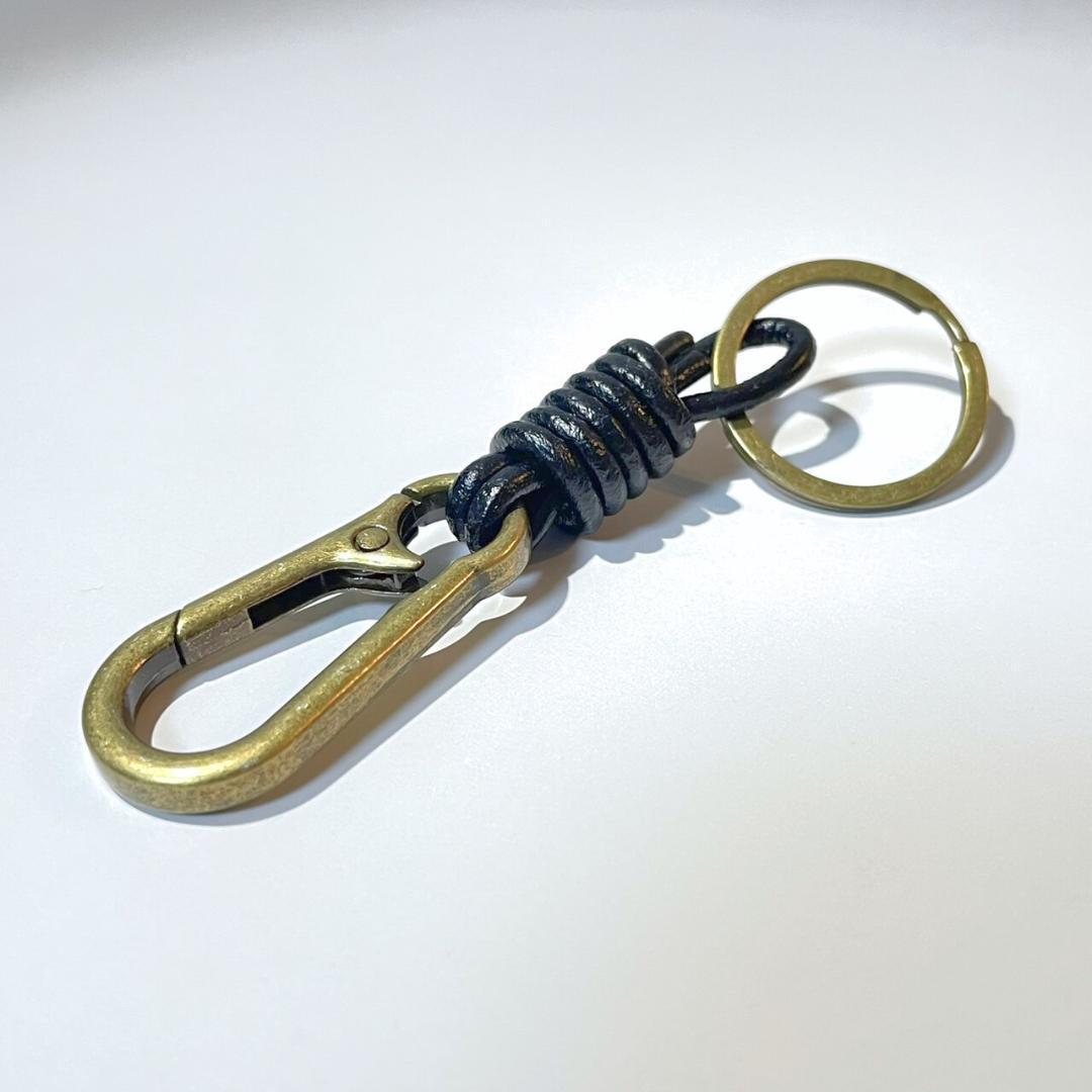 真鍮 カラビナレザーコード キーホルダー アメカジ 古着 ヴィンテージ【黒】オールド レトロ アンティーク かわいい オシャレ 拍卖