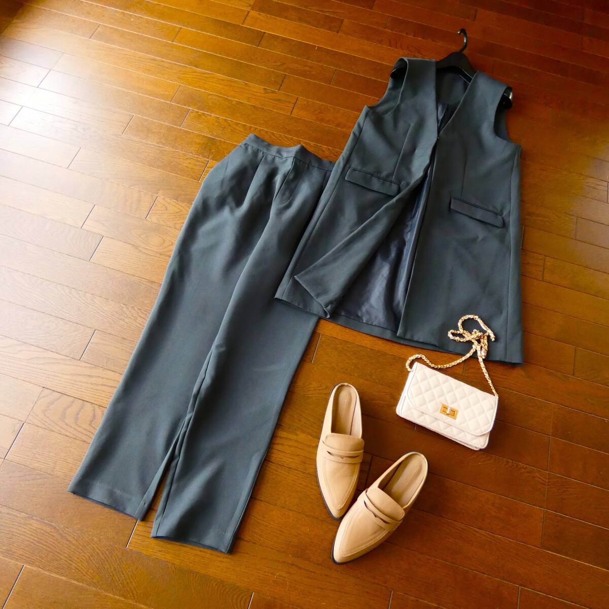 Ranan グレー ロングジレ&パンツ 2点セットアップ M 卒業入学イベントビジネス M拍卖