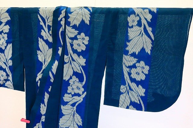 美品 アンティーク 紗 小紋 身丈145cm 紺藍色 大正ロマン レトロ 正絹 仕立て上がり kimono 着物フィ 19826拍卖