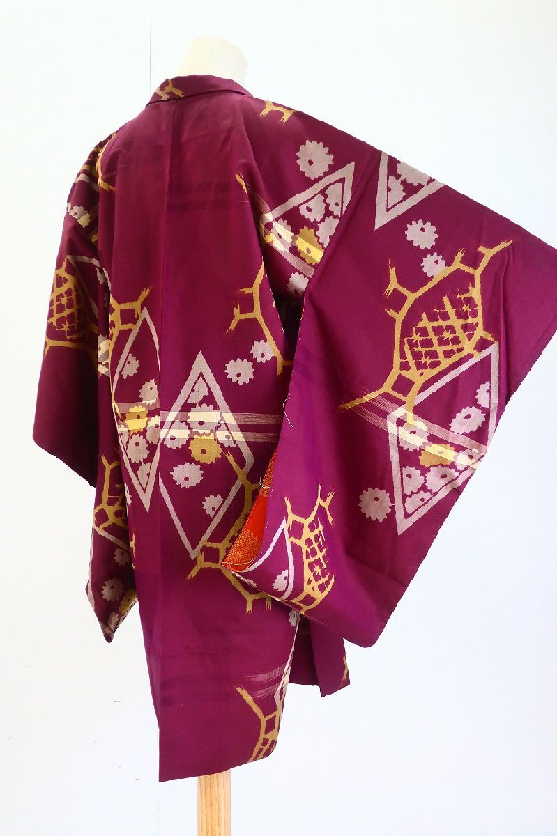 アンティーク 長羽織 銘仙 身丈96cm 臙脂色 レトロ 大正モダン 仕立て上がり 正絹 kimono 着物フィ 19884拍卖