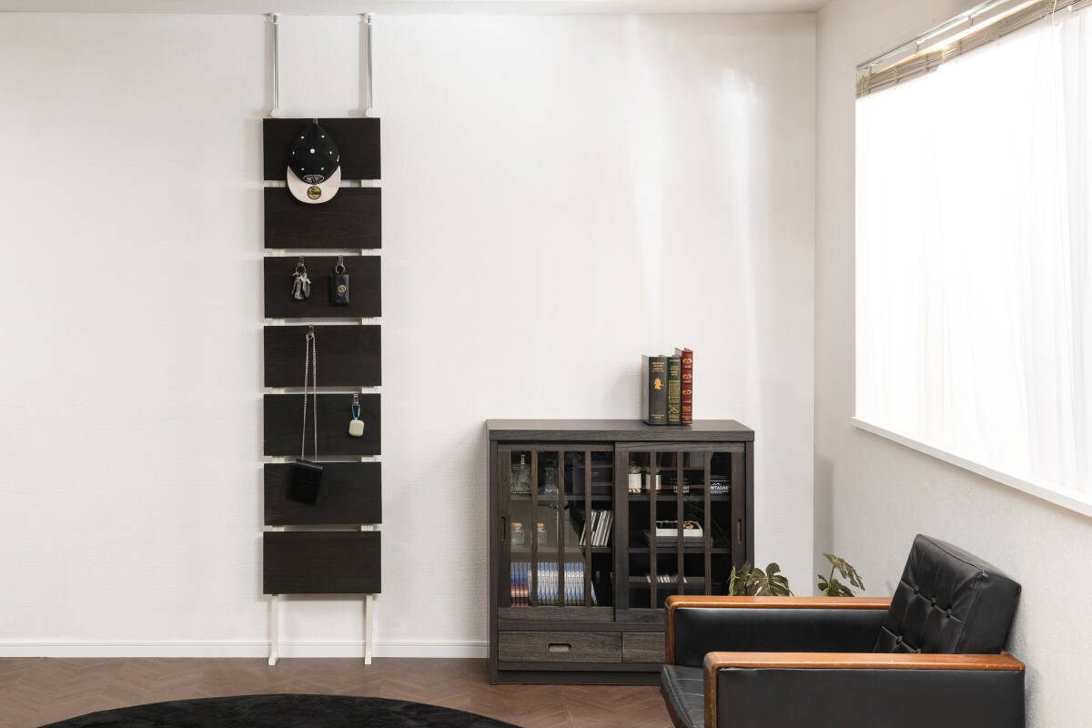 未使用新品 天然木桐材を使用したウォールパーテーション 幅42cm ダークブラウン 濃色 日本製 ハンガーラック 棚 ラダー 洋服掛け フック付拍卖