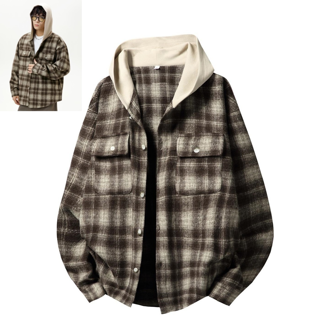 パーカー シャツジャケット チェックシャツ フード付き シャツパーカー 長袖シャツ 新品★メンズ トップス【MC3969】珈琲色 2XL拍卖