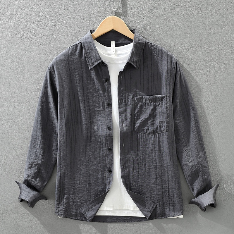 長袖シャツ シャツ 春夏シャツ 新品・メンズ シャツジャケット 開襟シャツ 不規則ストライプ トップス【M7803】グレー XL拍卖