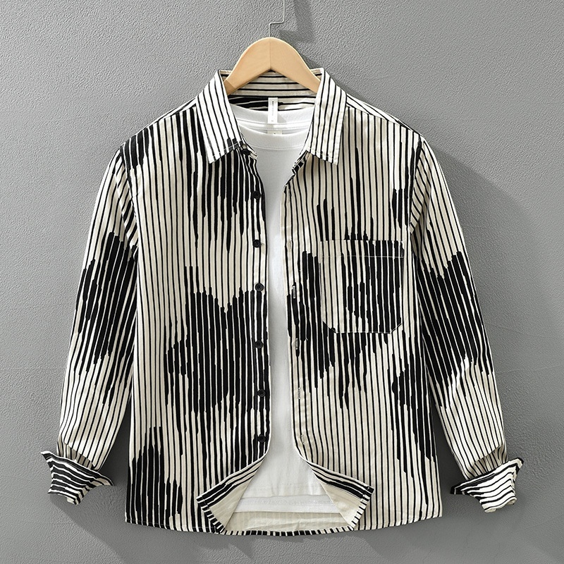 長袖シャツ シャツ トップス 新品★メンズ 開襟シャツ カジュアルシャツ 春服秋服 ストライプ コットンシャツ【M7815】カーキ XL拍卖