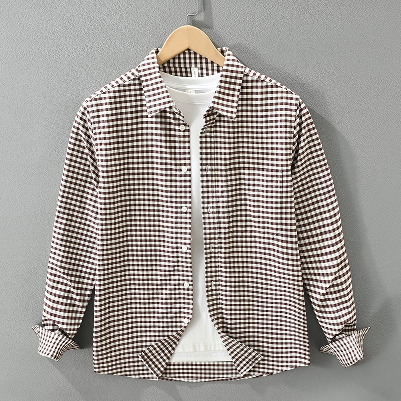 チェックシャツ 長袖シャツ シャツジャケット カジュアルシャツ 新品*メンズトップス 春服秋服 コットン【M7838】珈琲色 3XL拍卖