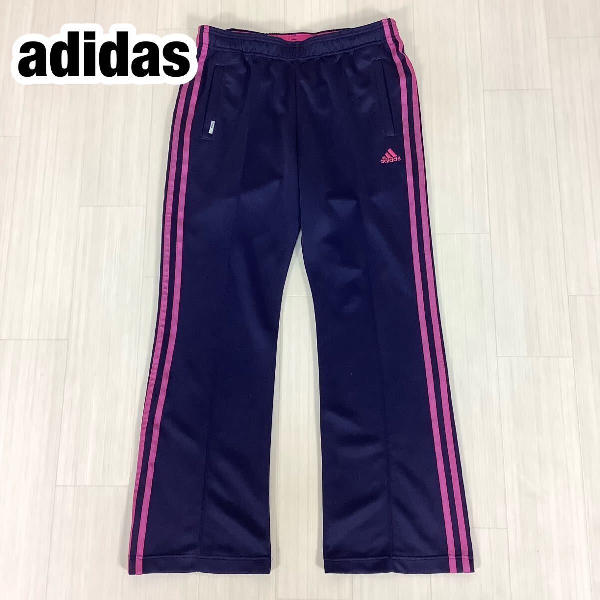 adidas アディダス トラックパンツ ジョガーパンツ ジャージパンツ レディースM ネイビー×ピンク 3ストライプ 刺繍ロゴ拍卖