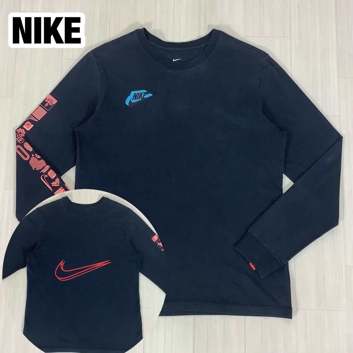 NIKE ナイキ ロングスリーブシャツ ロンT 長袖Tシャツ L ブラック 黒 バックプリント ビッグスウッシュ スリーブロゴ ナイキジャパン拍卖