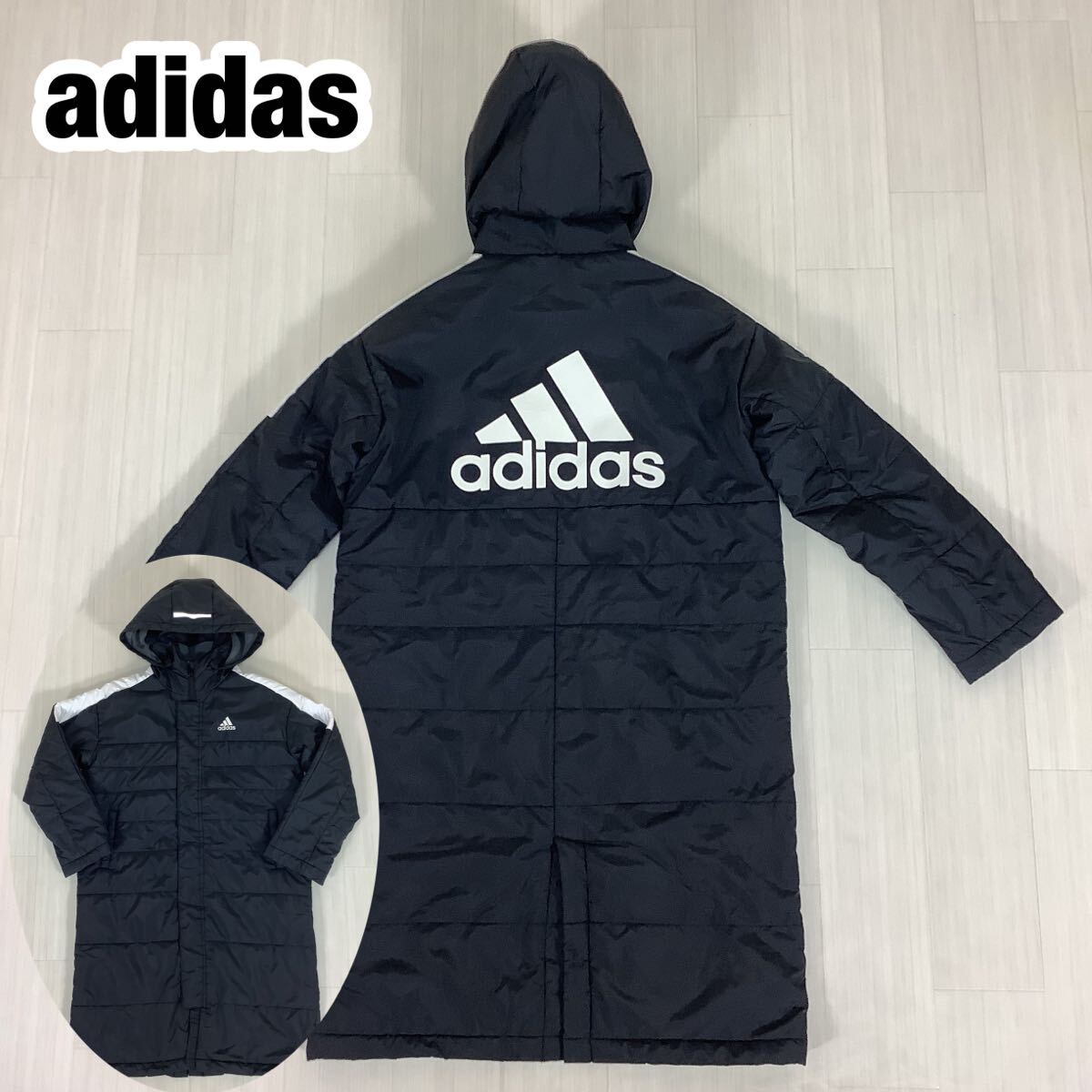 adidas アディダス ベンチコート ジュニアサイズ 140cm ブラック 黒 バックプリント 中綿入 裏地フリース フード取外し可能拍卖