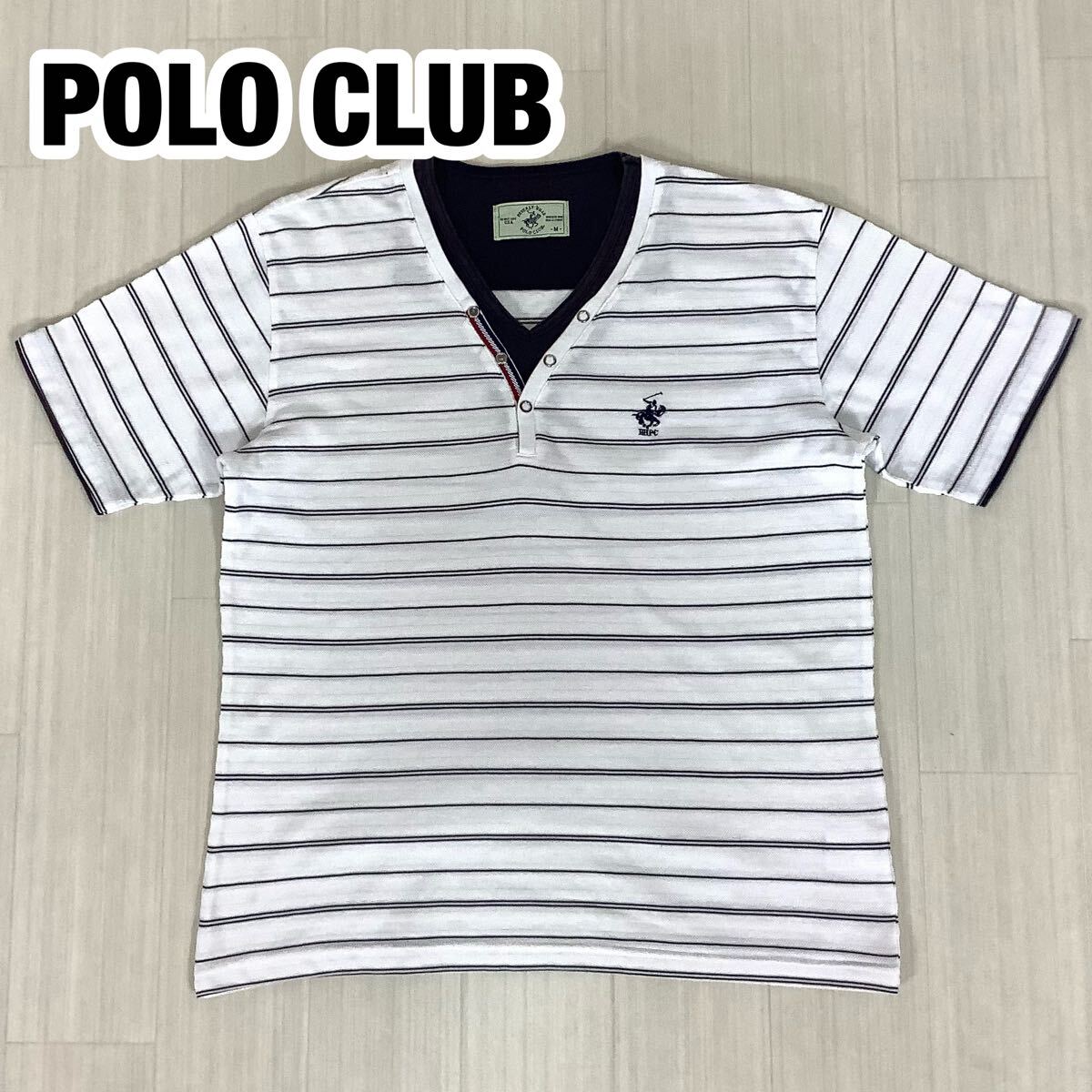BEVERLY HILLS POLO CLUB ビバリーヒルズポロクラブ Vネック 半袖Tシャツ M ボーダー ホワイト×ブラック 刺繍ロゴ拍卖