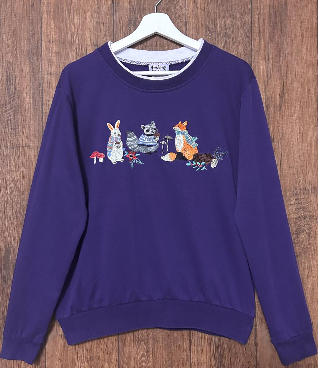 刺繍 スウェット スエット トレーナー 動物 きのこ パープル 紫 二重襟 レトロ ファンシー かわいい USA 古着/club723 クラブ723(N703)拍卖