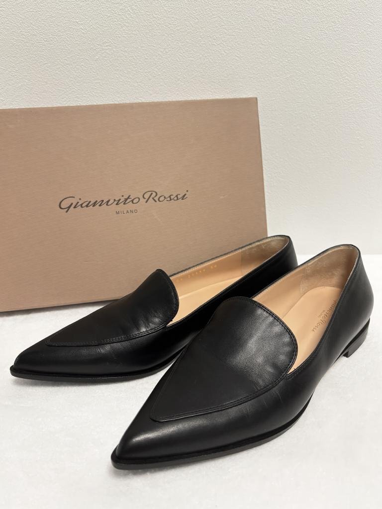 【送料込】美品★Gianvito Rossi ジャンヴィトロッシ PERRY ポインテッドトゥフラットモカシン 24.0cm 38 ブラック ヒール1.5cm s6455889拍卖