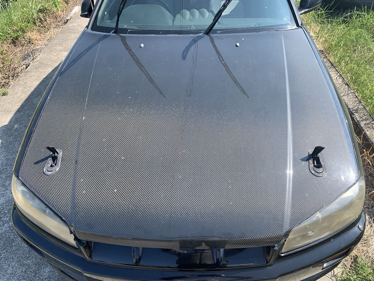 日産 ER34 HR34 2ドア クーペ スカイライン R34 社外 メーカー不明 カーボンボンネット 良品 ボンピン一式セット 梱包サイズXの2倍拍卖