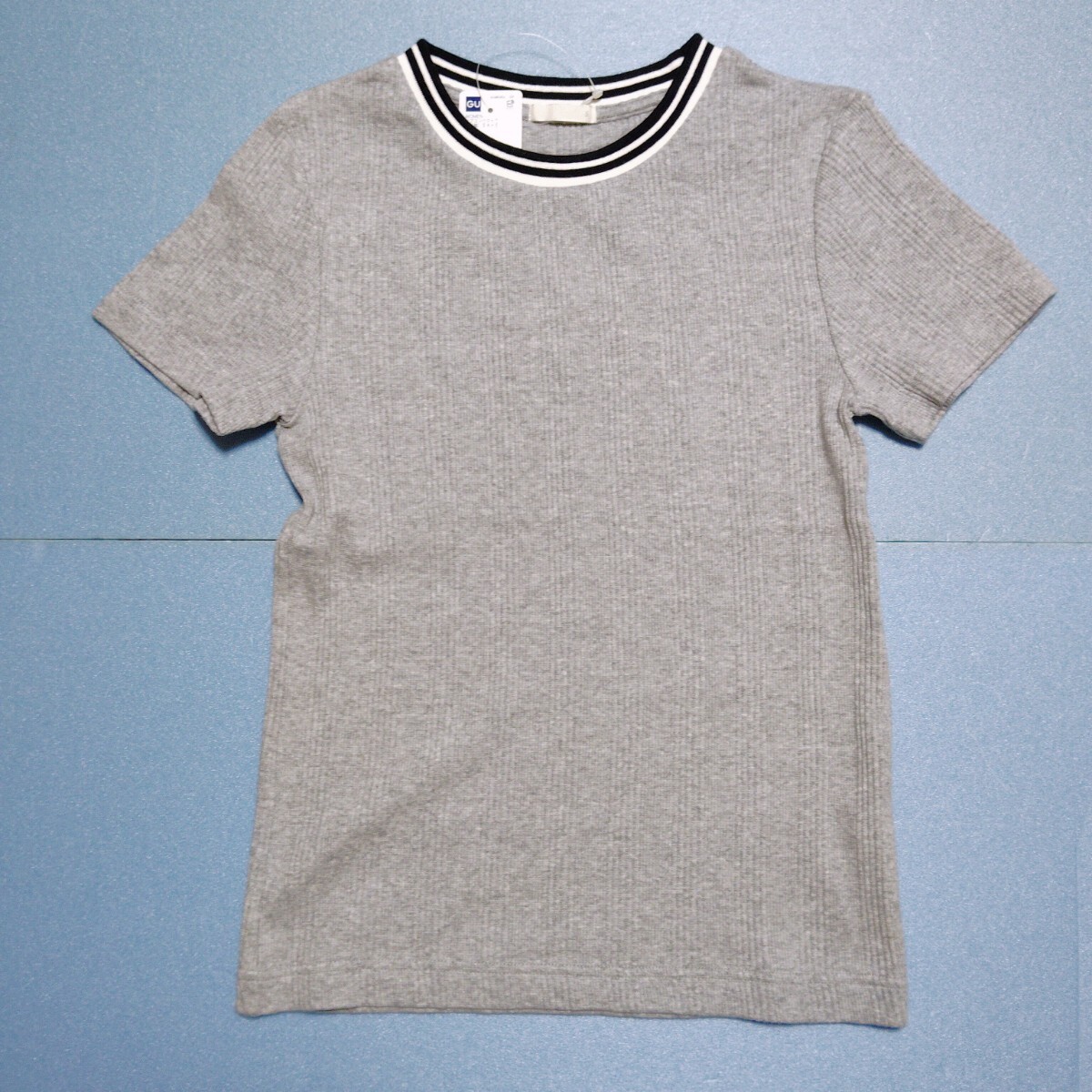 S 新品 GU ジーユー Tシャツ リブ コンパクト 丸首 クルーネック 灰色 グレー 無地 ストライプ 半袖 コットン 綿 96% レディース拍卖