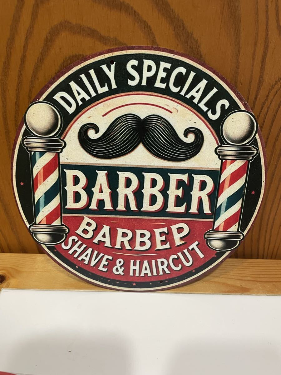 新作☆理容・barber 丸型 ブリキ看板 サイン拍卖