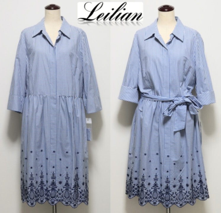 64,900円新品訳【Leilian レリアン】前開き チェック柄 ミモレ丈 フレア刺繍ワンピース 17+ 大きいサイズ v5296拍卖