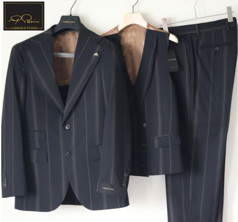 231,000円新品タグ付き【Gabriele Pasini ガブリエレ パジーニ】3ピース ストライプ 2Bシングルスーツ 黒 44 v7605拍卖