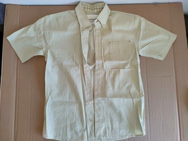 古着 Mサイズ ボタンダウンチェックシャツ 半袖 [株式会社ジム オーガニックコットン Defend Tomorrow 綿100% 黄緑系 未使用拍卖