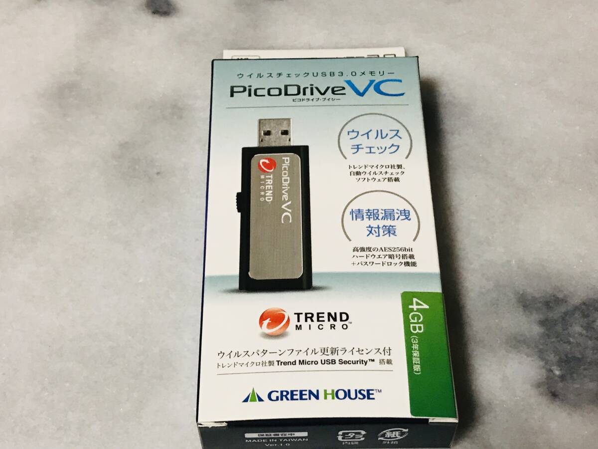 ★新品未使用★グリーンハウス USBフラッシュメモリ ピコドライブVC USB3.0 Trend Micro USB Security 3年間サポート版 4GB GH-UF3VC3-4G拍卖