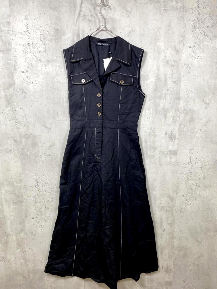 ゆうパケットOK 新品 ZARA ザラ 2157/061/800 コントラスト トップステッチ ミディ ドレス ワンピース sizeXS/黒 ■◆拍卖