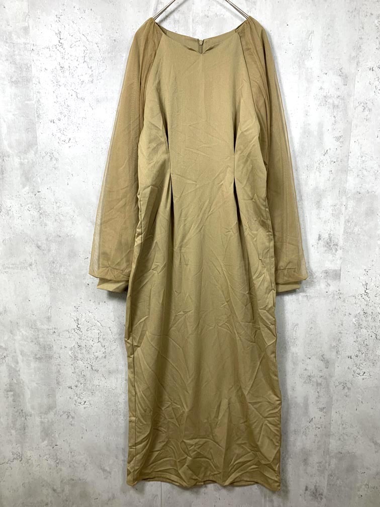 ゆうパケットOK callautia カラウティア 定価6710円 チュールスリーブタック ワンピース sizeL/ベージュ ■■拍卖