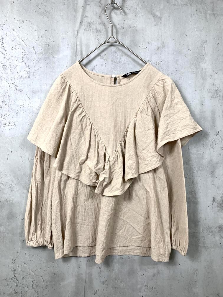 ゆうパケットOK ZARA ザラ 2157/047/052 フリル ラスティック ブラウス シャツ sizeXS/ベージュ ■■拍卖