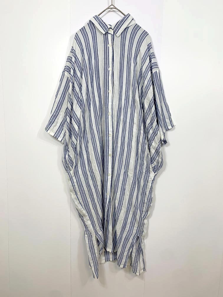 ゆうパケットOK B.C STOCK Simplicite ベーセーストック シンプリシティエ 定価6490円 ガーゼ ストライプ シャツ ワンピース 白×青 ■◆拍卖